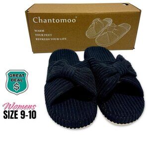 Chantomoo Womens Memory Foam Black Corduroy Open Toe House Slippers Slides 9-10.